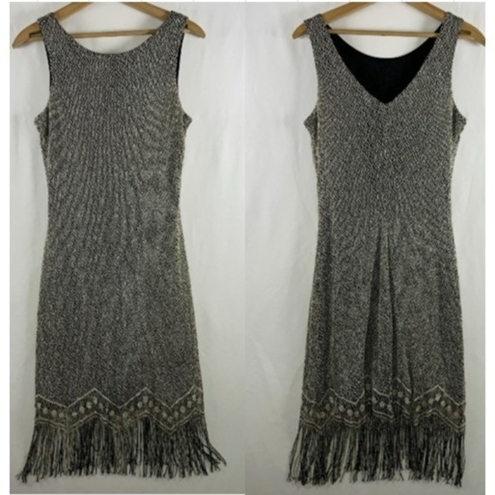 VTG 90s Metallic Fringe Midi Dress S/M Gatsby Flapper Retro 20s Cocktail